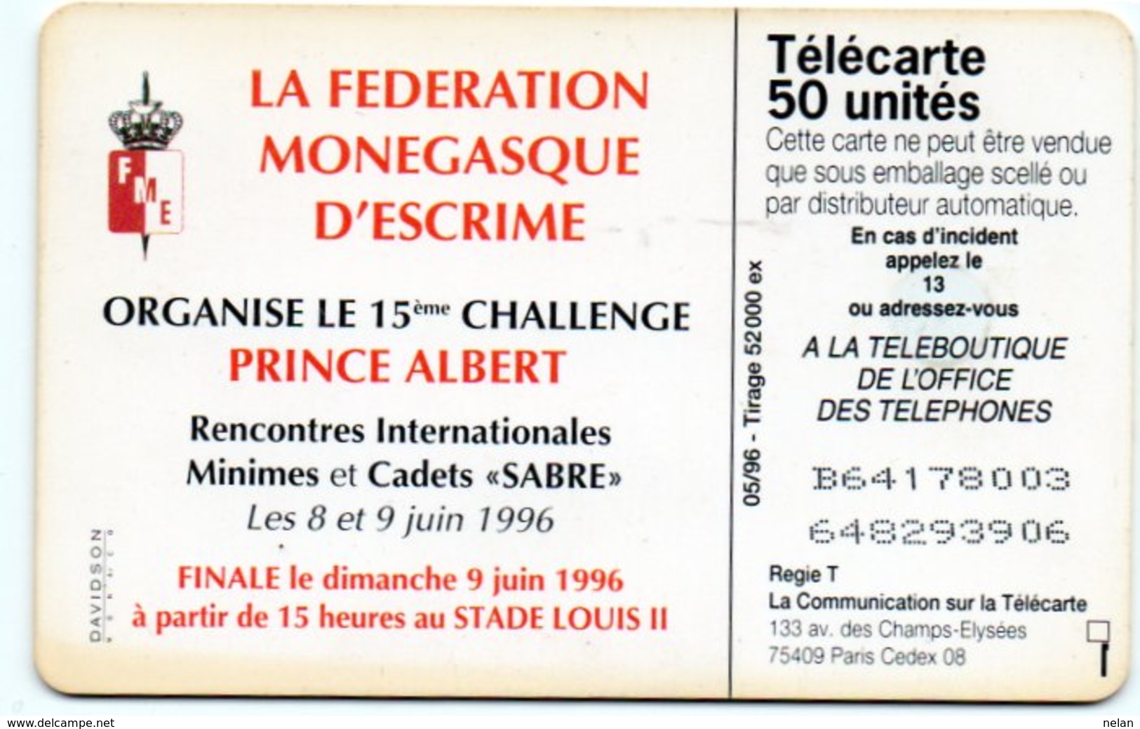 PHONE CARD-MONACO 1996-ESCRIME-TELECARTE 50 - Monace