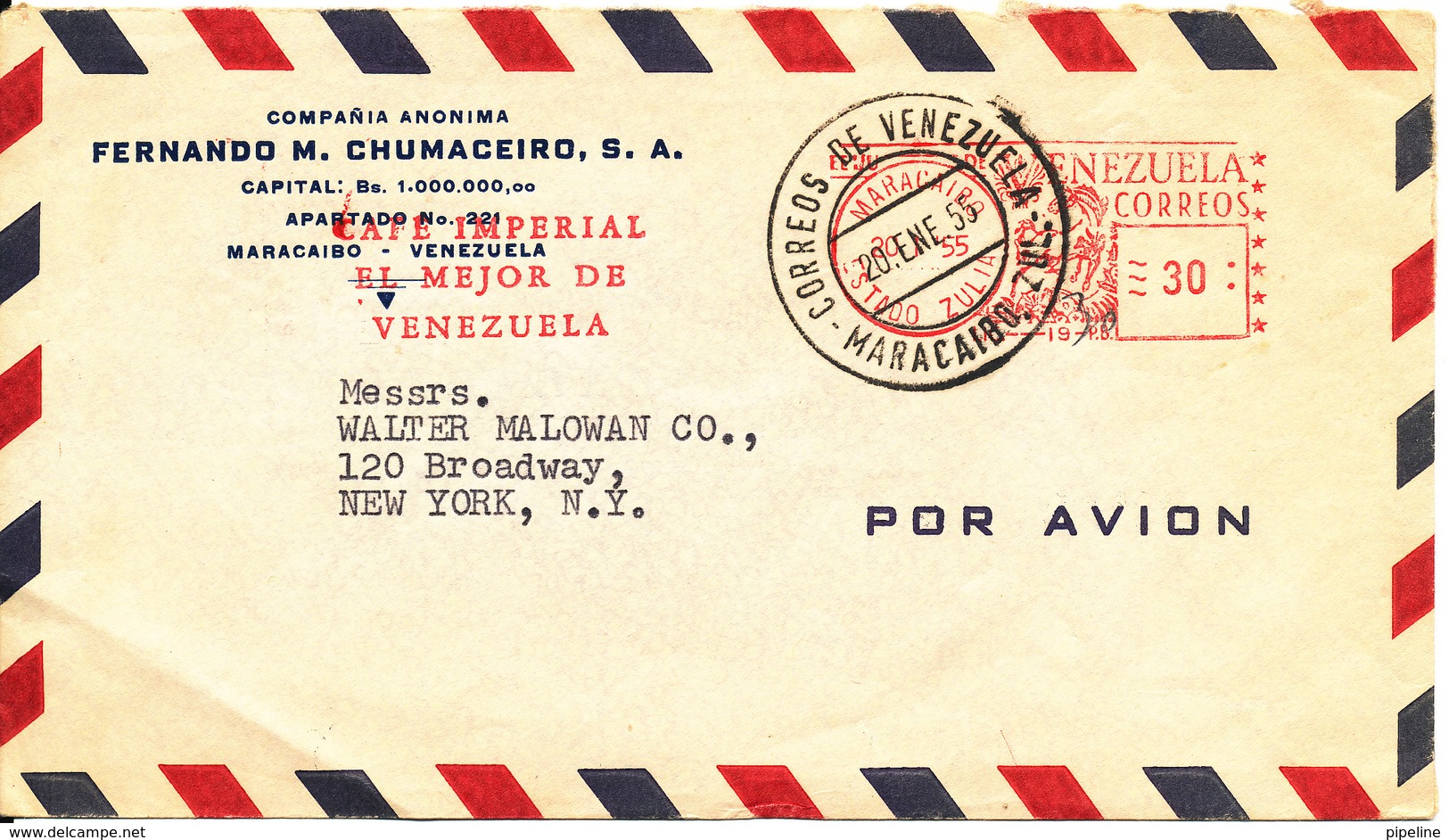 Venezuela Air Mail Cover With Meter Cancel Maracaibo 20-1-1955 - Venezuela