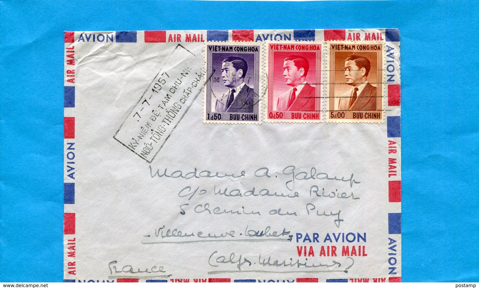 Marcophilie-lettre Indochine-Sud Vietnam >Françe-c Ad  1957-cachet 7-7- 1957 Ky Niem De ..-3-stamp N°43+5 -8ngo Din Diem - Lettres & Documents