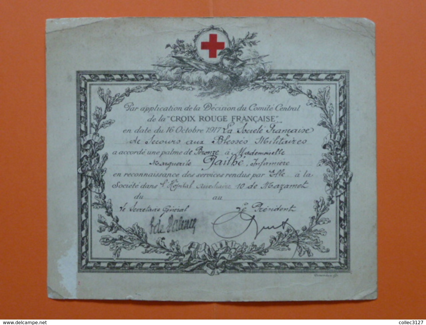 Croix Rouge Française Diplome Palme De Bronze Pour Services Rendus Dans L'Hopital Auxiliaire 10 De Mazamet - 1917 - 1914-18