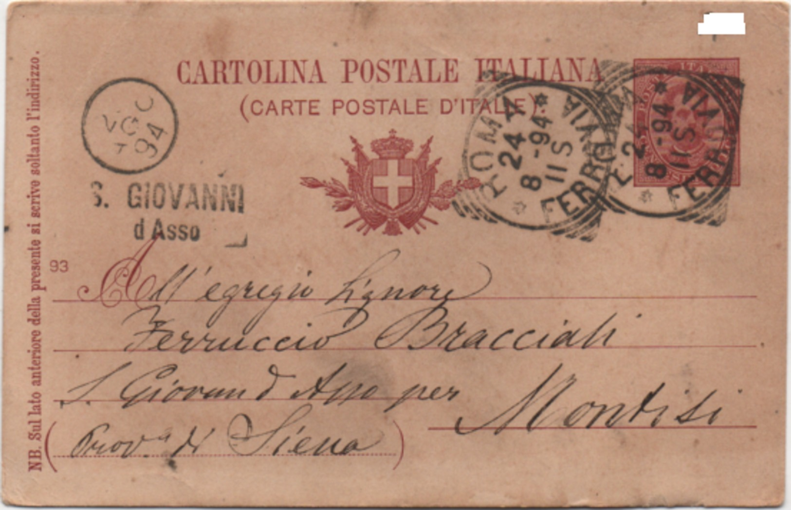 Cartolina Postale Cent. 10 Effigie Con Annullo Roma 24.08.1894 E San Giovanni D'Asso (Siena) E Annullo Muto - Interi Postali