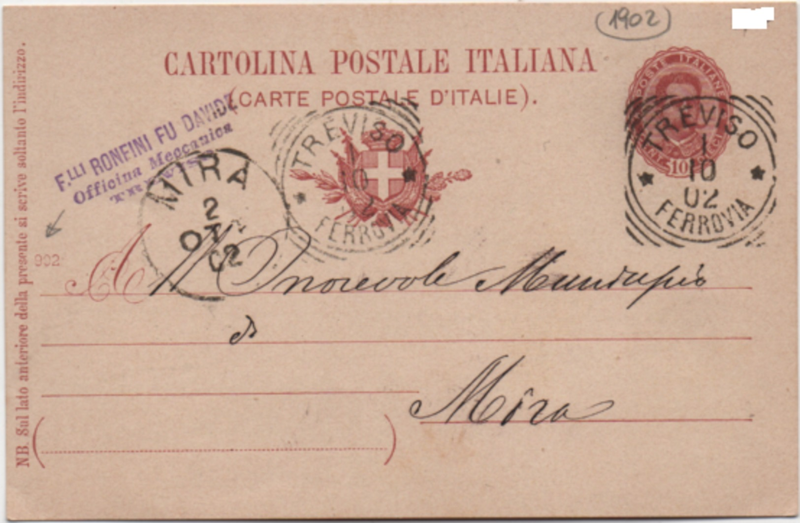 Cartolina Postale Cent. 10 Effigie Con Annullo Treviso Ferrovia 01.10.1902 E Mira (Venezia) 02.10.1902 - Stamped Stationery