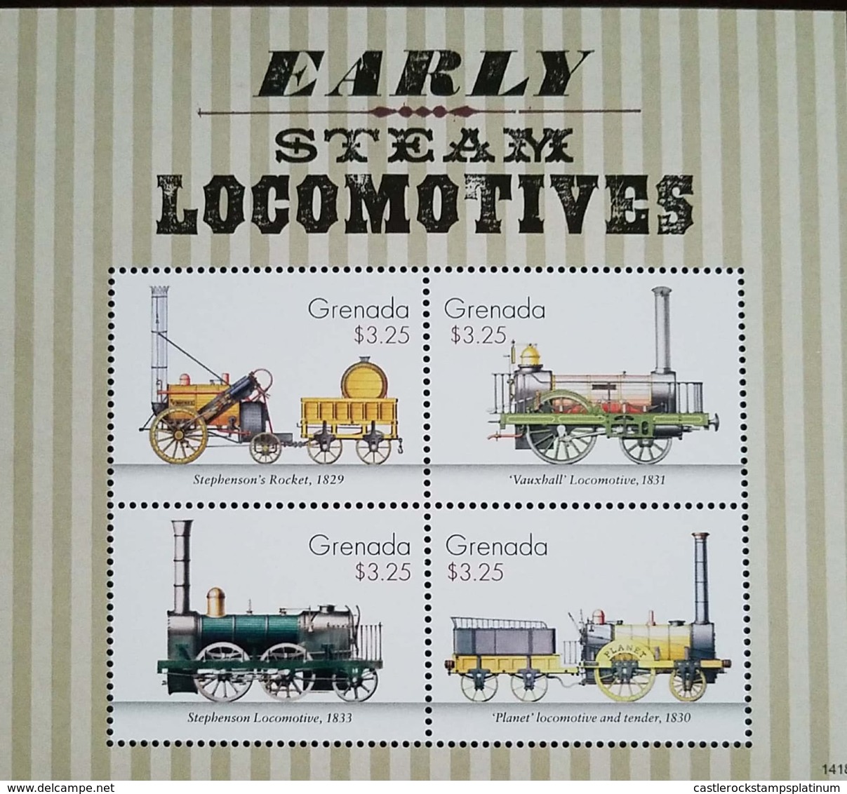 O) 2014 GRENADA, TRAIN -LOCOMOTIVES AND TENDER, STEPHENSON'S ROCKET 1829 - VAUXHALL 1831 - STEPHENSON'S 1833 -PLANET AN - Grenada (1974-...)