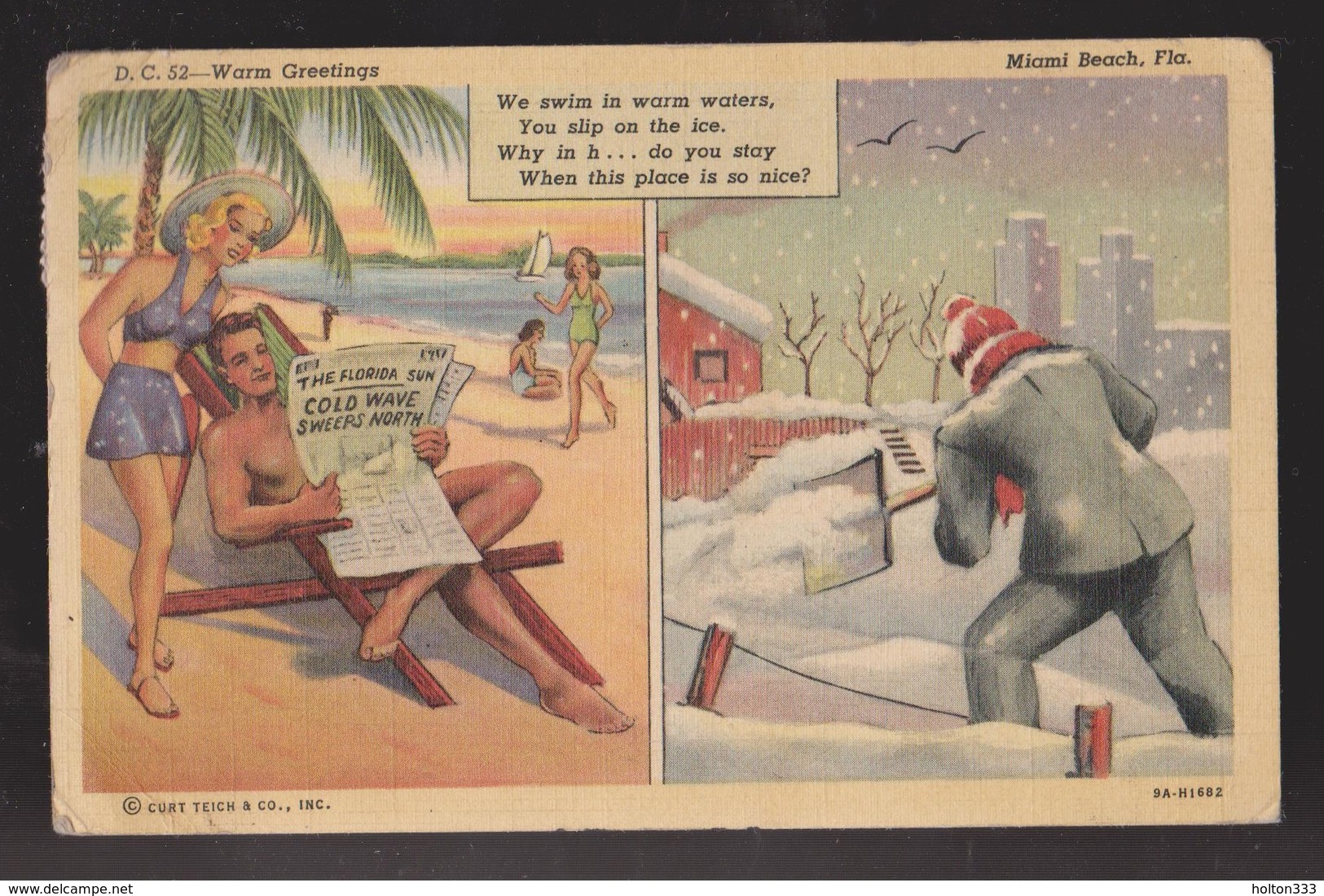 Comic Postcard - Warm Greetings On Beach Vs Shovelling Snow - Used 1944 - Comics