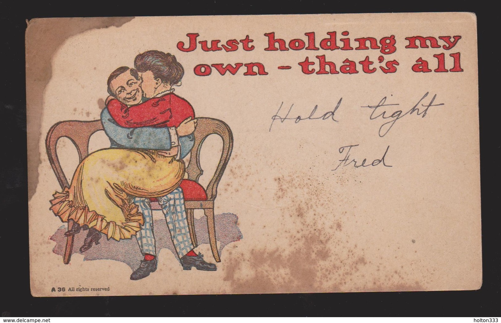 Comic Postcard - Woman & Man Just Holding My Own - Unused - Large Stain - Comics