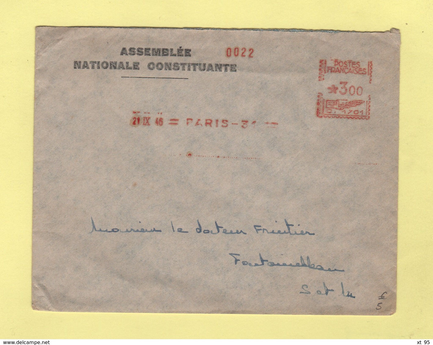 EMA - Machine C - Paris - 21-9-1946 - Assemblee Nationale Constituante - Affrancature Meccaniche Rosse (EMA)