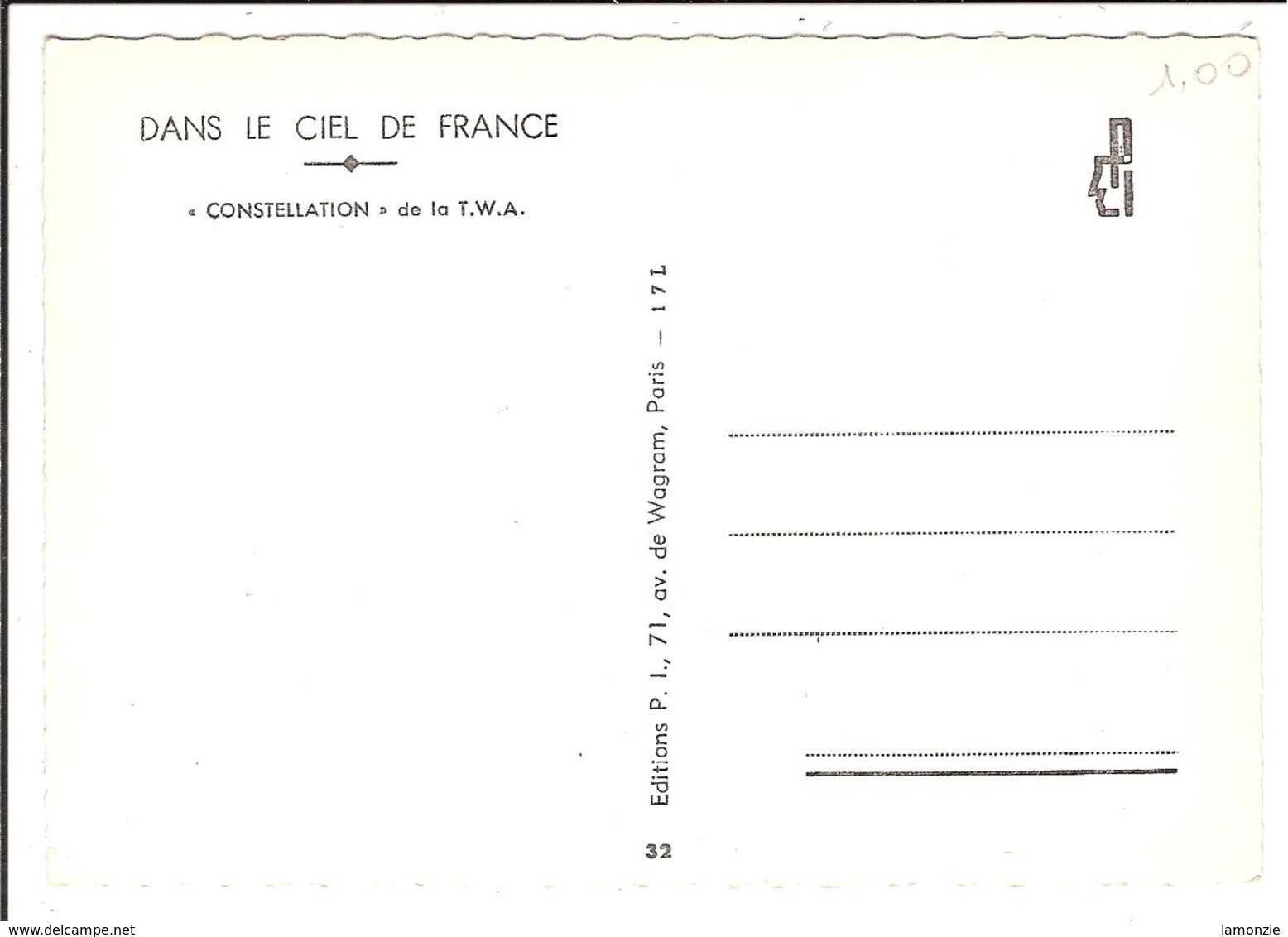 Dans Le Ciel De France. Cpsm N&B." Constellation " De La T.W.A. (scans Recto-verso) - 1946-....: Moderne