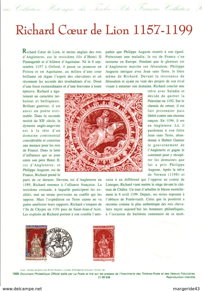 1999 DOCUMENT FDC RICHARD COEUR DE LION - Documents De La Poste