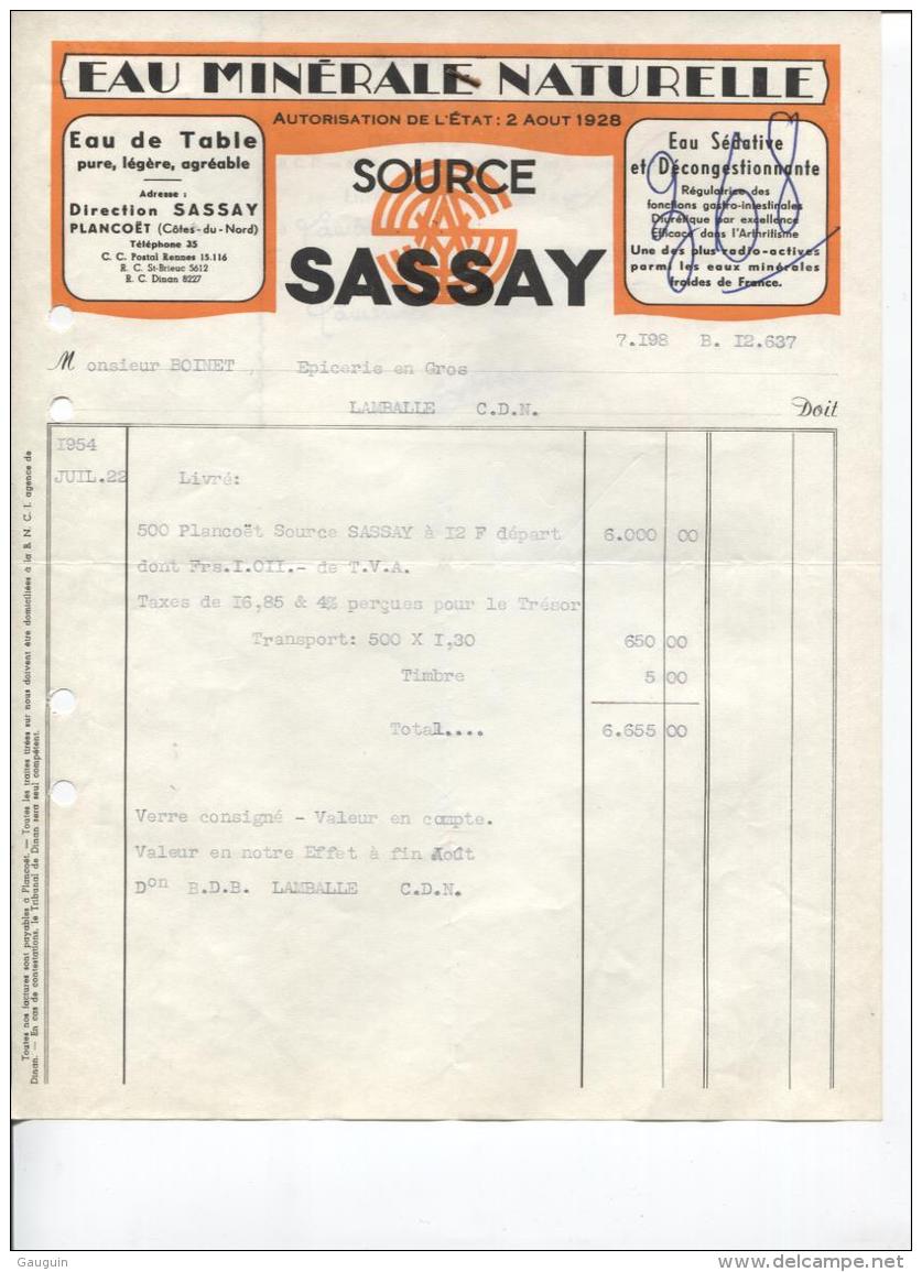 EAU MINERALE - SOURCE SASSAY - PLANCOËT - Date 1954 - Lebensmittel