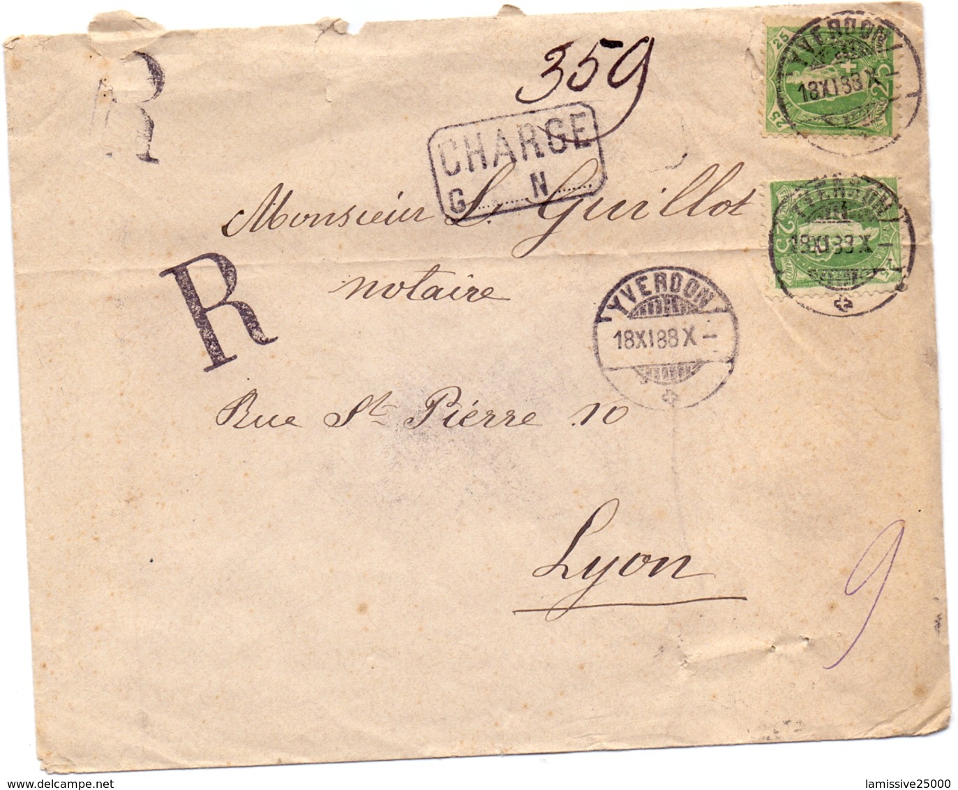 Suisse Lettre Chargé De Yverdon Pour La France Lyon Plis D Archive - Briefe U. Dokumente