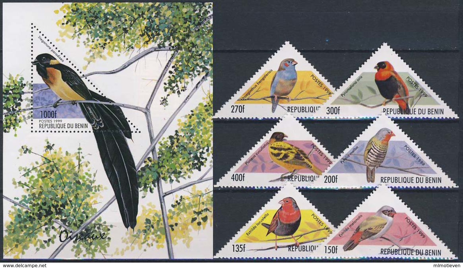 MDB-BK4-142-2 MINT ¤ BENIN 1999 6w Uit Serie + BLOCK ¤ TRIANGEL  ANIMALS - OISEAUX - BIRDS - PAJAROS - VOGELS - VÖGEL - - Zangvogels