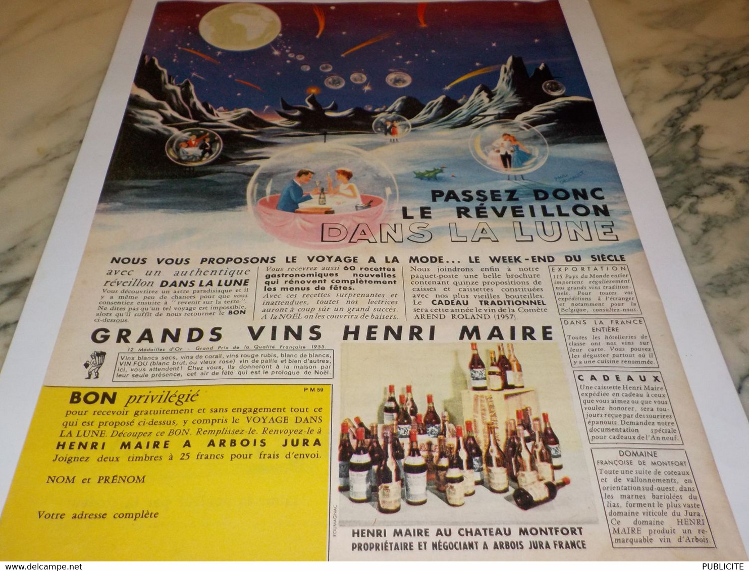 ANCIENNE  PUBLICITE REVEILLION DANS LA LUNE LES VIN HENRI MAIRE  1959 - Alkohol