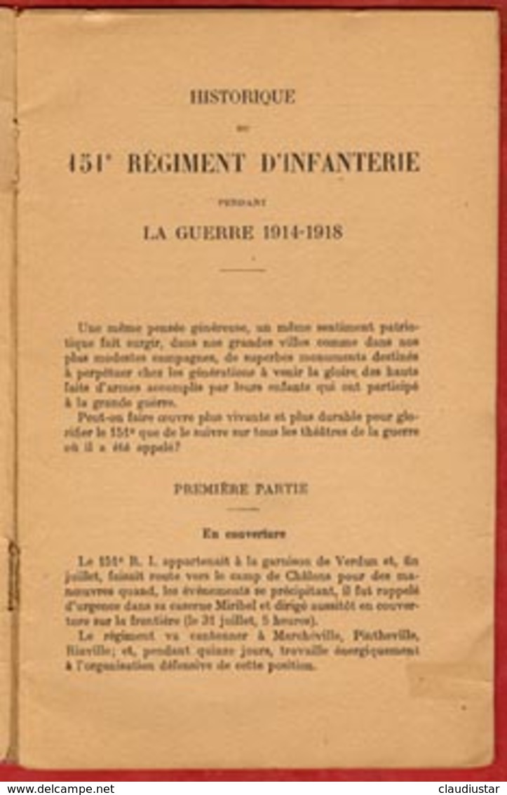 ** HISTORIQUE  151ème  REGIMENT  D' INFANTERIE ** - 1914-18