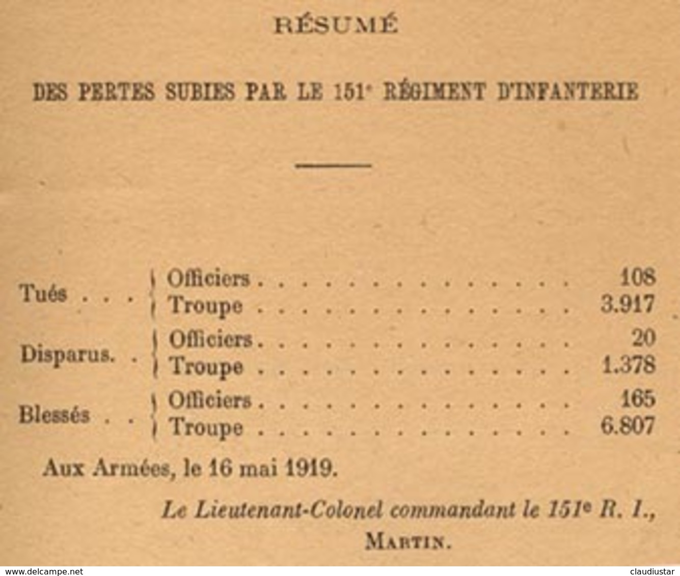 ** HISTORIQUE  151ème  REGIMENT  D' INFANTERIE ** - 1914-18