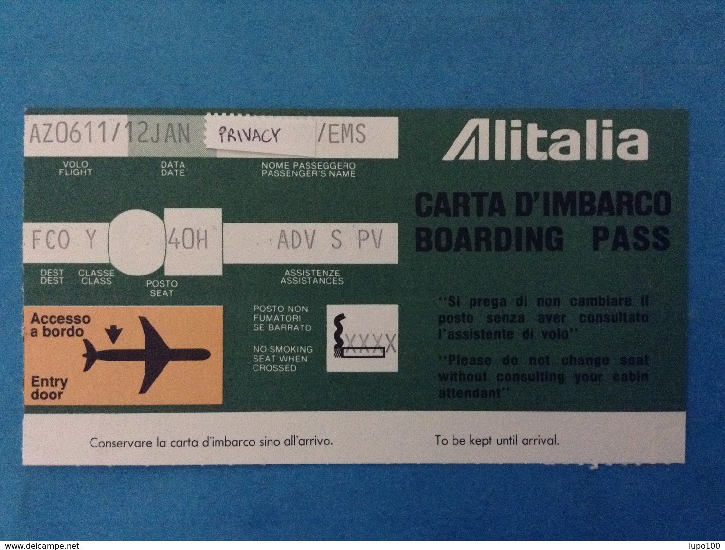 ALITALIA AEREO VOLO AZ0611 BIGLIETTO CARTA D'IMBARCO BOARDING PASS AL RETRO PUBBLICITA' BENZINA TAMOIL - Altri & Non Classificati