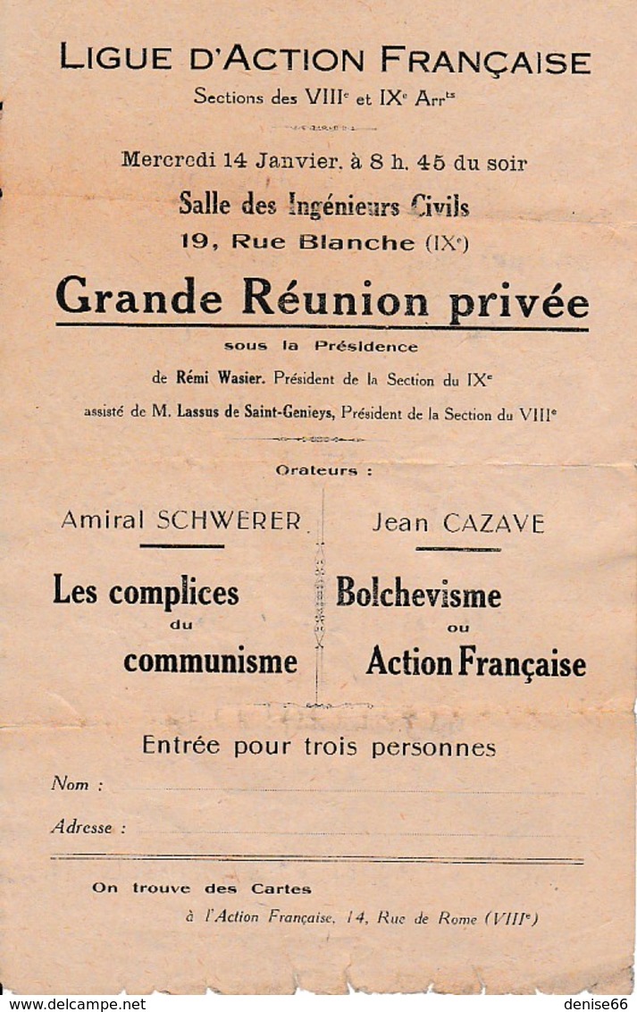 LIGUE D'ACTION FRANÇAISE - Grande Réunion Privée - Amiral SCHWERER - Jean CAZAVE - - Documents Historiques