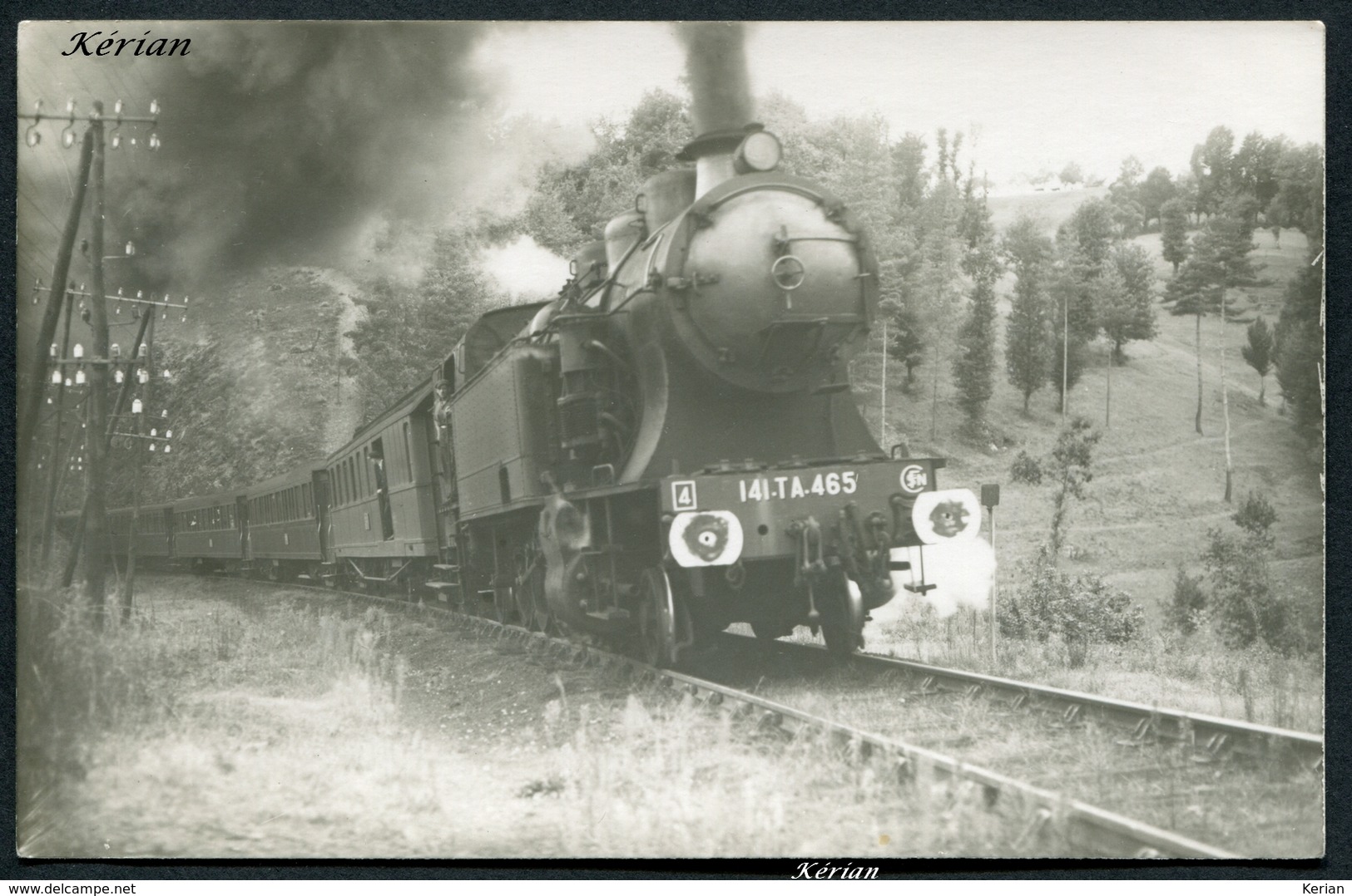 Photo Cartonnée - Locomotive 141-TA-465 SNCF Sur L'axe Bordeaux - Vichy - Voir 2 Scans - Trains