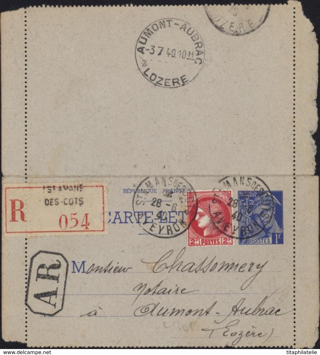 Entier Carte Lettre Mercure 1F Bleu Storch B1 Recommandé Complément YT 373 Rec Avec AR CAD St Amans Des Cots Aveyron - Cartes-lettres