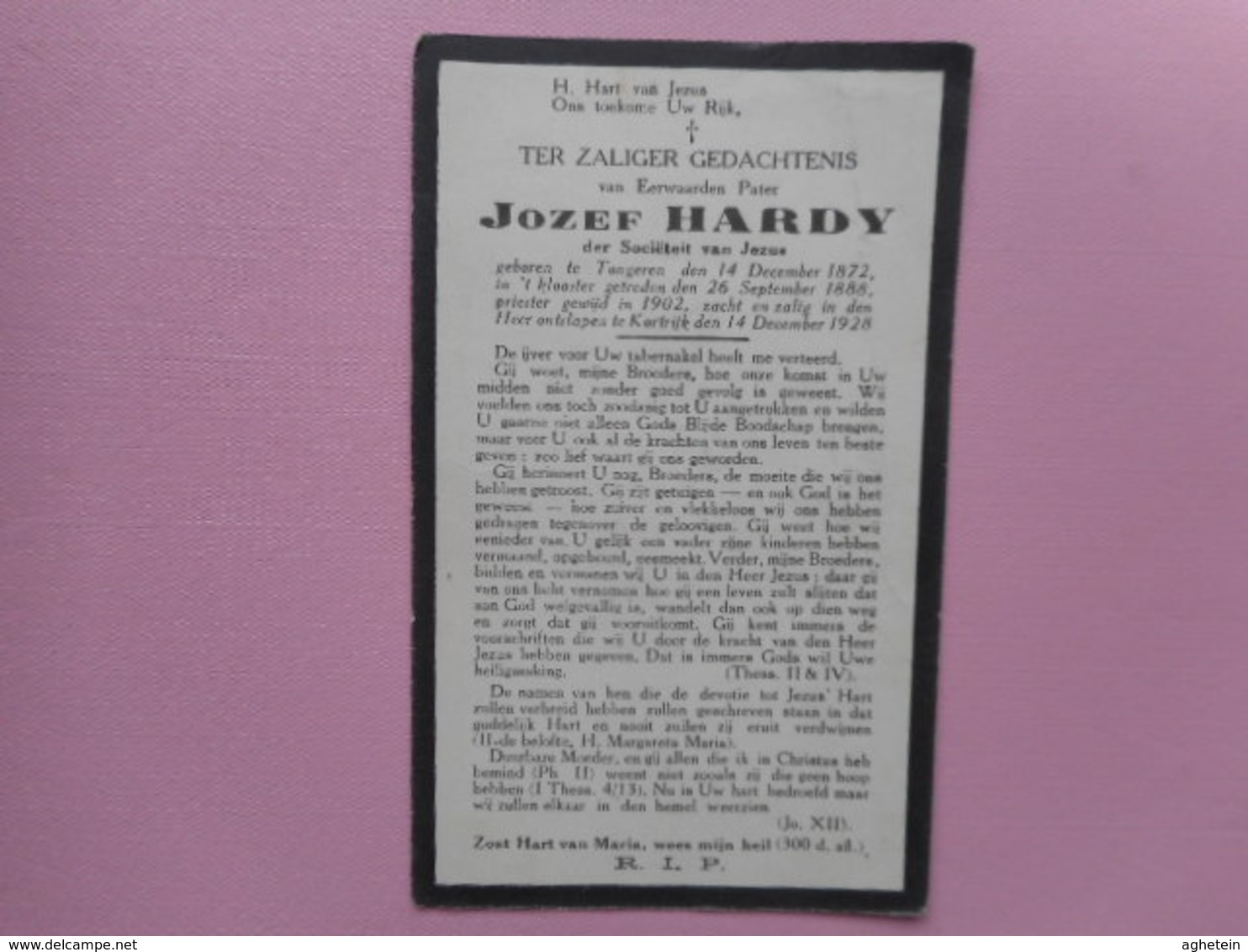 D.P.-EERWPATER JOZEF HARDY °TONGEREN 14-12-1872+KORTRIJK 14-12-1928 - Religion & Esotérisme