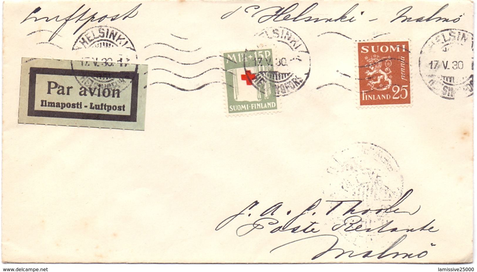 Finlande 1 ° Vol Par Avion  Helsinki Malmo - Storia Postale