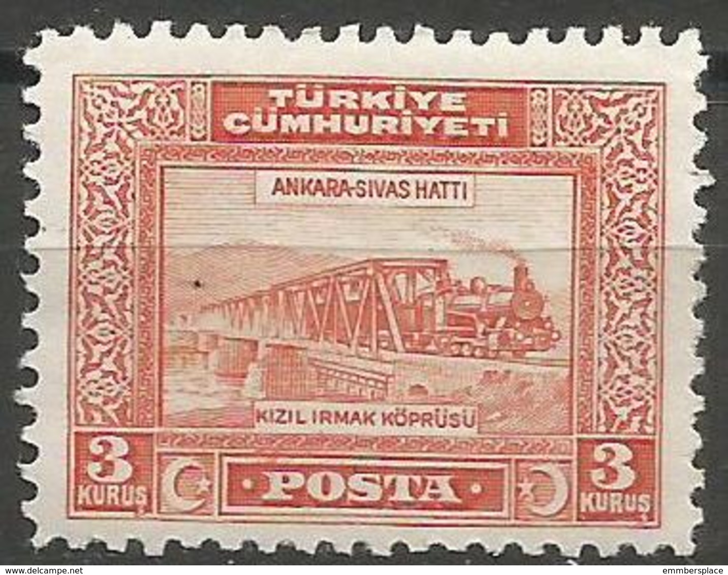 Turkey - 1930  Railroad Bridge 3k MH *     Mi 897  Sc 688 - Unused Stamps