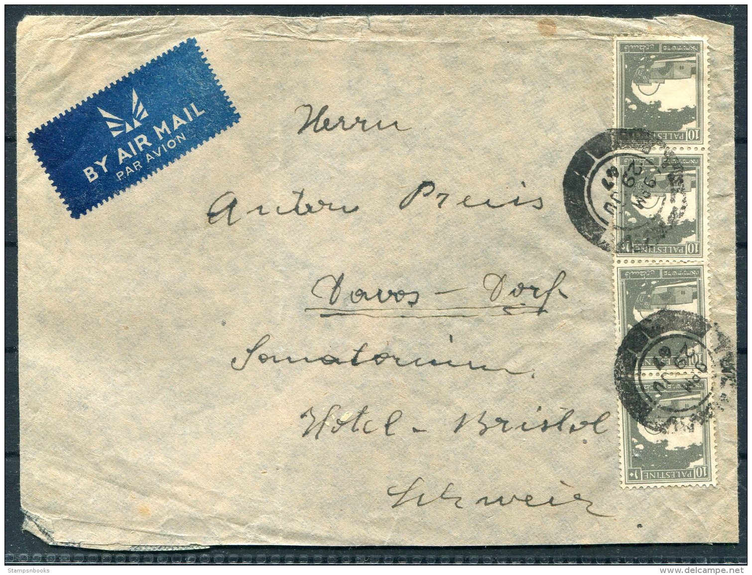 1947 Palestine Airmail Cover Tel Aviv - Hotel Bristol, Davos-Dorf, Switzerland - Palestine