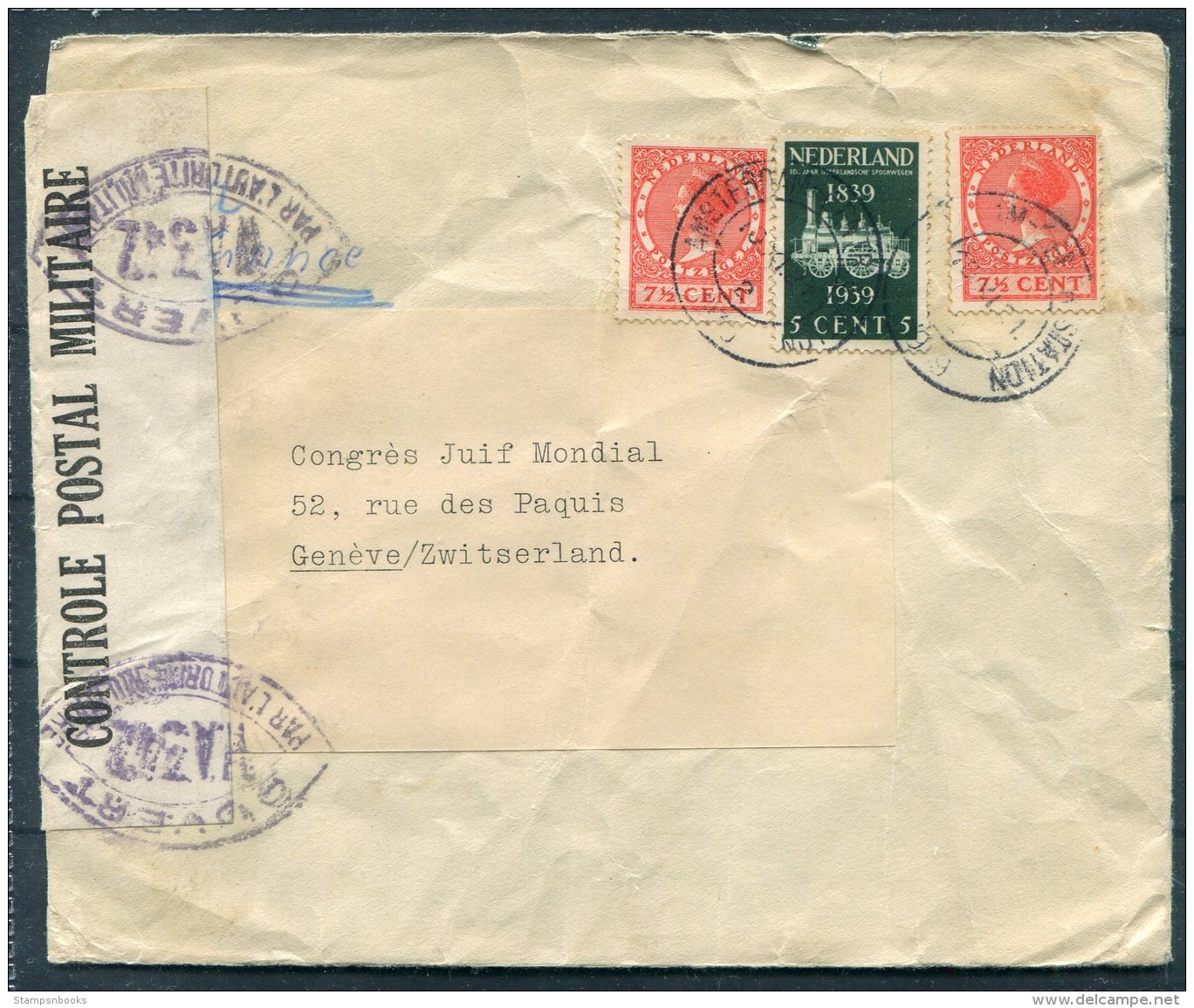 1939 Netherlands Amsterdam Censor Cover - Congres Juif Mondial, Geneva Switzerland. World Jewish Conference. Judaica - Covers & Documents