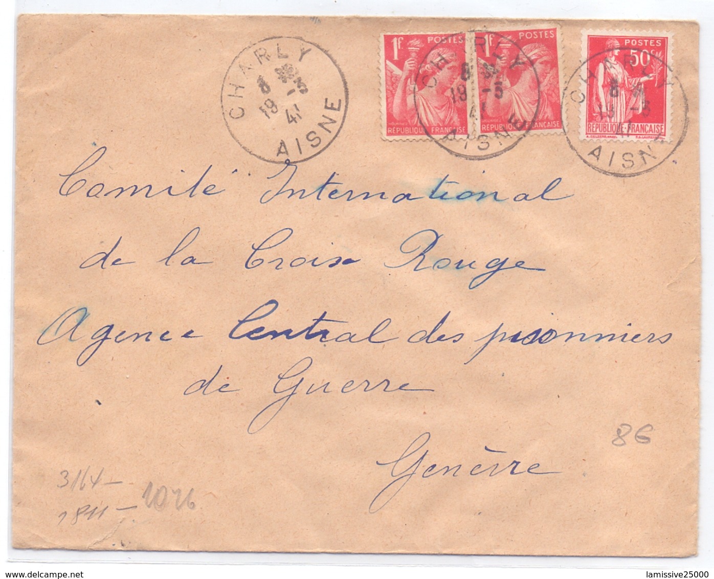 France Lettre Type Iris Paix Pour La Croix Rouge A Geneve Avec Censure De Charly Aisne - WW II