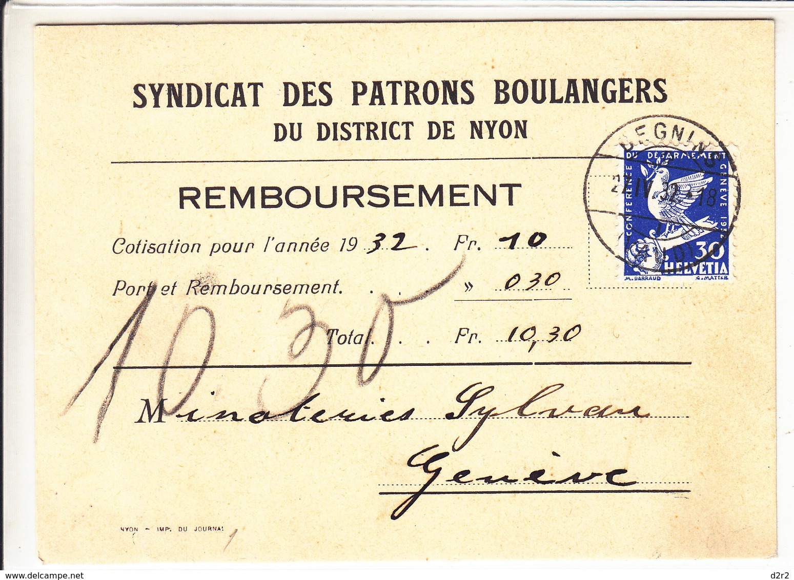 188 SUR LETTRE - LOGO PRIVE ,SYNDICAT DES PATRONS BOULANGERS DE NYON - CACHAT DE BEGNINS - Lettres & Documents