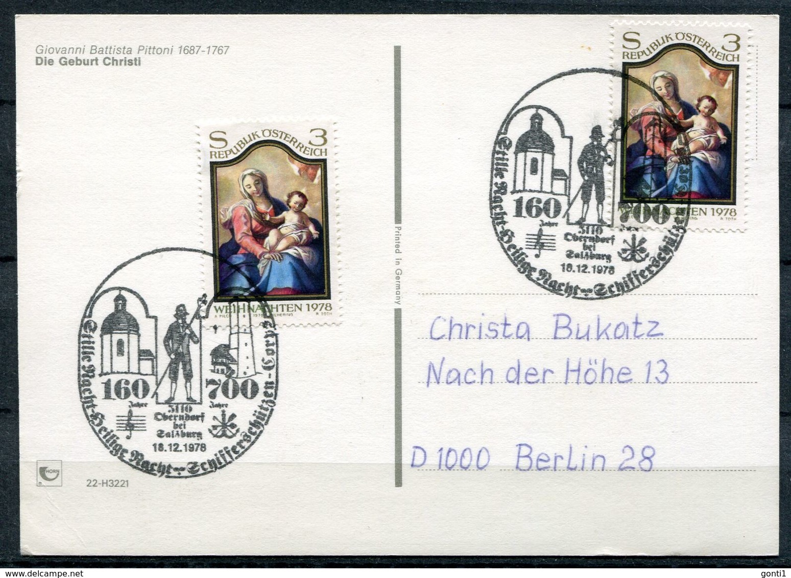 Österreich/Austria 1978 Christkindl Sonderkarte Mit Mi.Nr.1591 Und SST"3110 Oberndorf-Stille Nacht"1 Karte - Cristianesimo