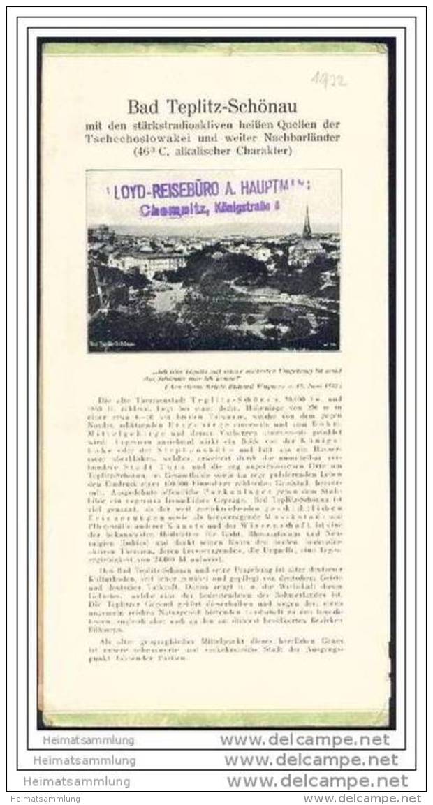 Tschechien - Teplice - Bad Teplitz-Schönau 1932 - Faltblatt Mit 7 Abbildungen - Beiliegend Claryscher Schlossgartensaal - Reiseprospekte