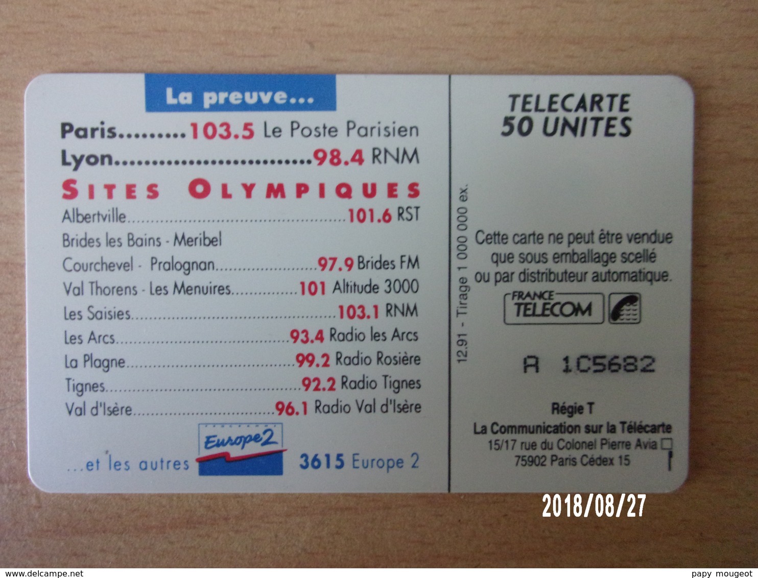 F220 Europe 2 50U SO3 12/91 N° A 1C5682 - Jeux Olympiques