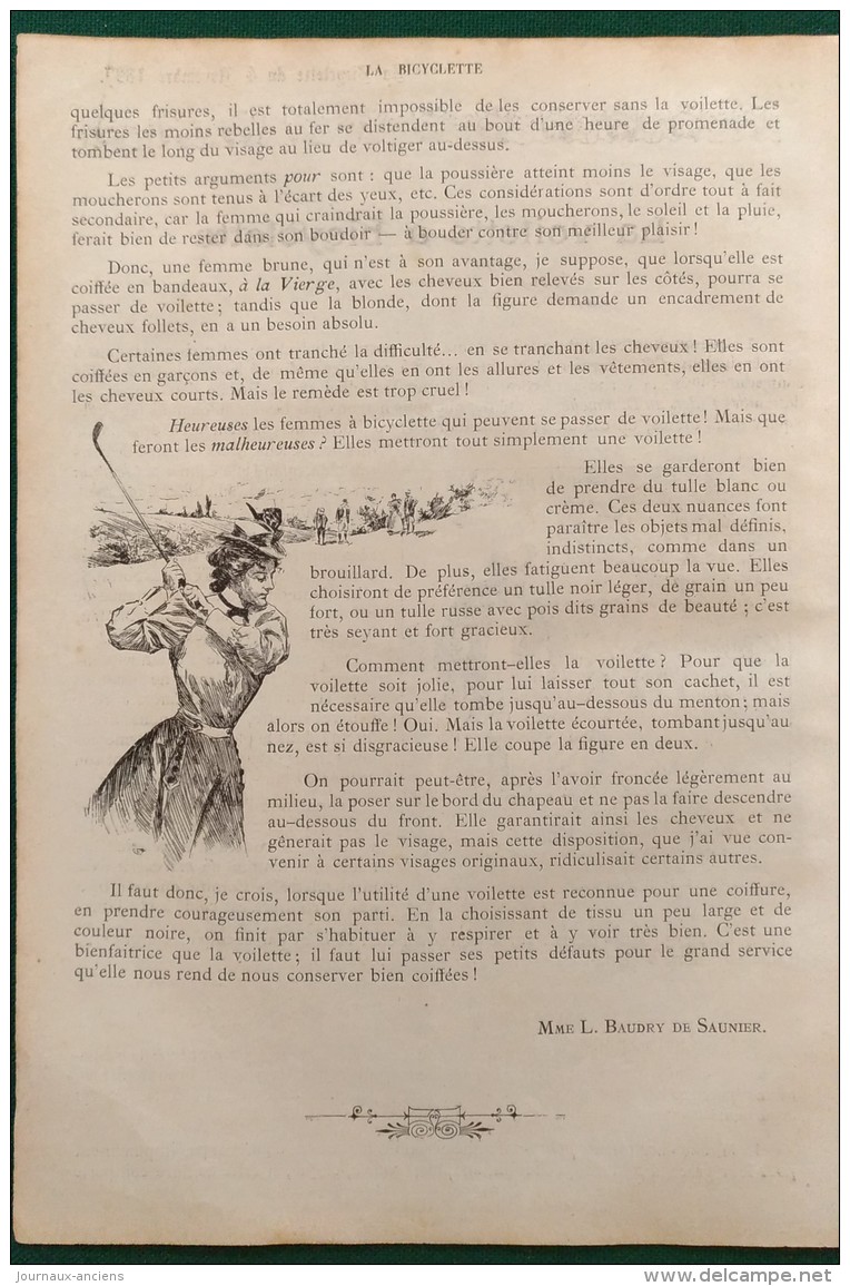 1897 Journal LA BICYCLETTE - CASSIGNARD - MEDINGER - STEPHANE - L'INDUSTRIE VÉLOCIPÉDIQUE - LA VIOLETTE A BICYCLETTE