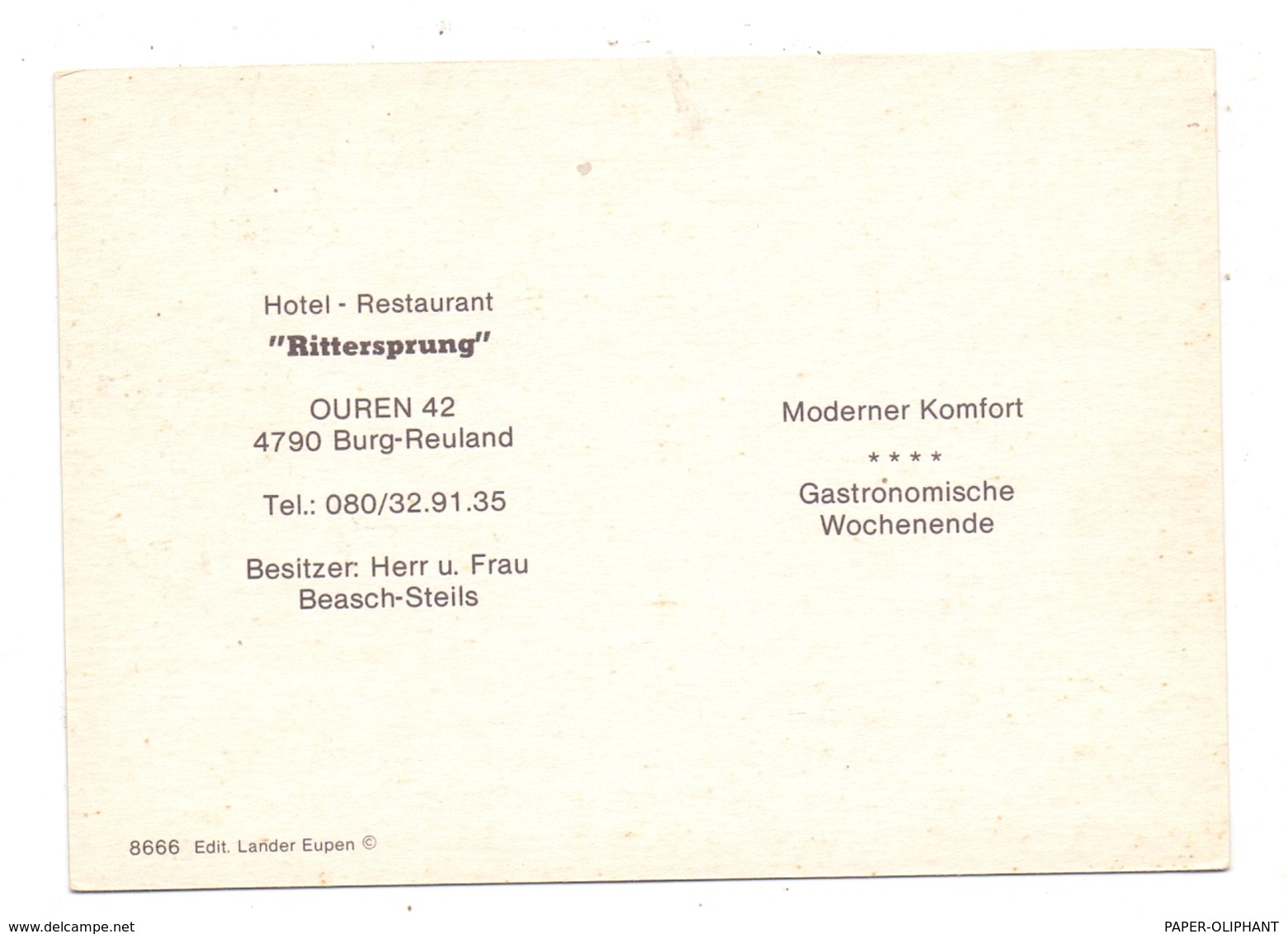 B 4790 BURG - REULAND, Hotel Restaurant "Rittersprung" - Burg-Reuland