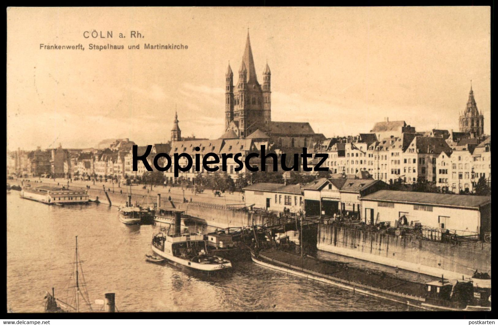 ALTE POSTKARTE CÖLN FRANKENWERFT STAPELHAUS UND MARTINSKIRCHE Köln Schlepper Dampfer Schiff Ship Ansichtskarte Postcard - Rimorchiatori