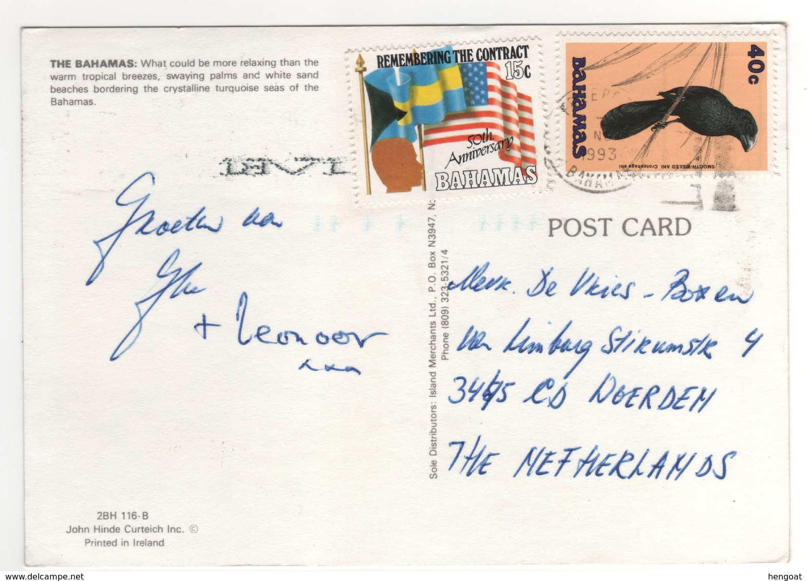 2 Stamps , Timbres  Sur Carte , Postcard De 1993 - Bahamas (1973-...)