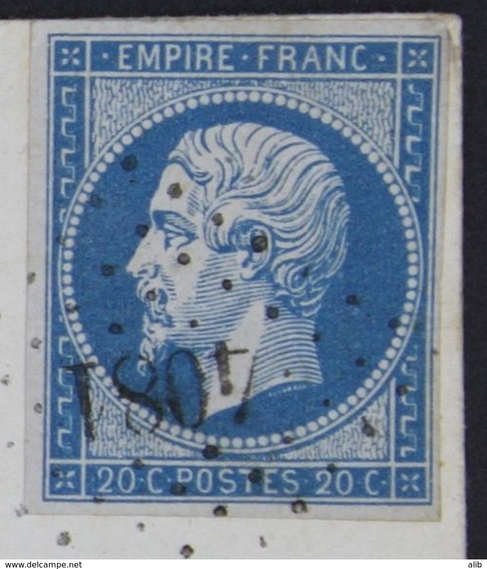 France Lettre 1853-60 Emission Empire Non Dentelé Napoleon III 20c Bleu Type I,14A 29-11-1860. PC4081 Couleuvre - 1849-1876: Période Classique