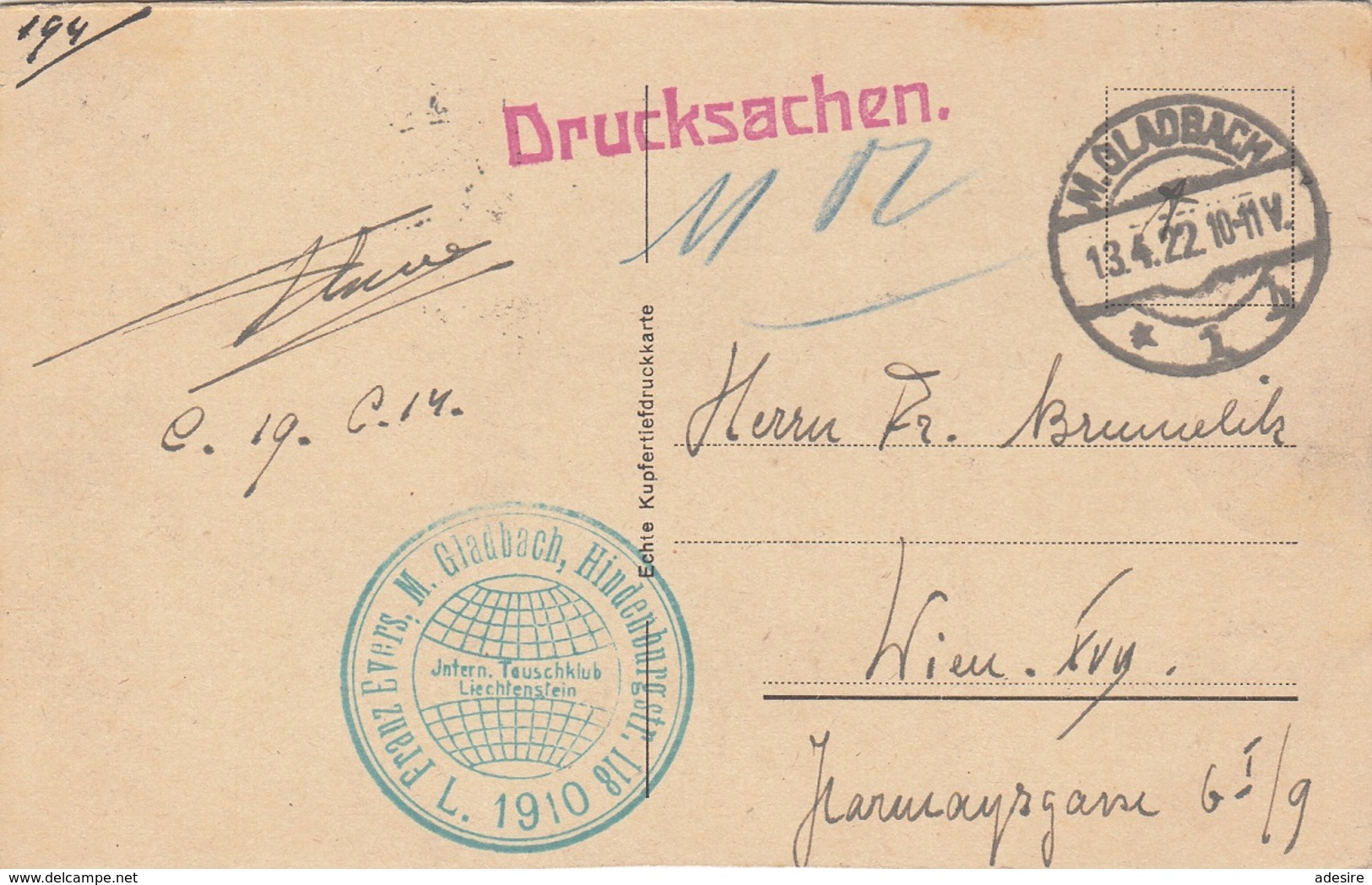 DEUTSCHES REICH 1922 - 10 + 75 Pfg Auf Ak Mäuseturm Bei BINGEN, Gel.als Drucksache V. M.Gladbach > Wien, Sonderstempel - Briefe U. Dokumente