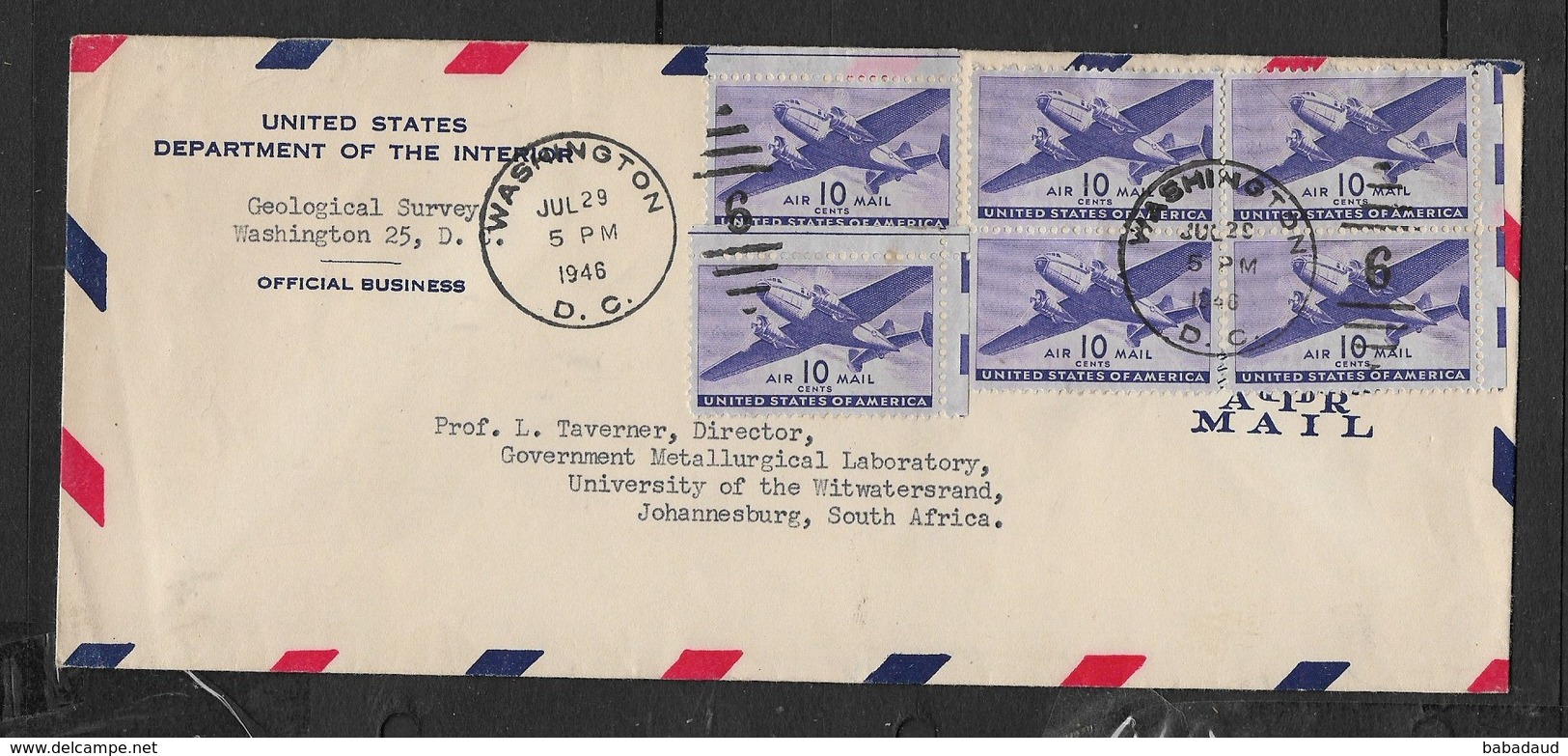 USA Cover, Dept Of Interior Air Mail, 60c WASHINGTON D.C. JUL 29 1946 > S.Africa, - Covers & Documents