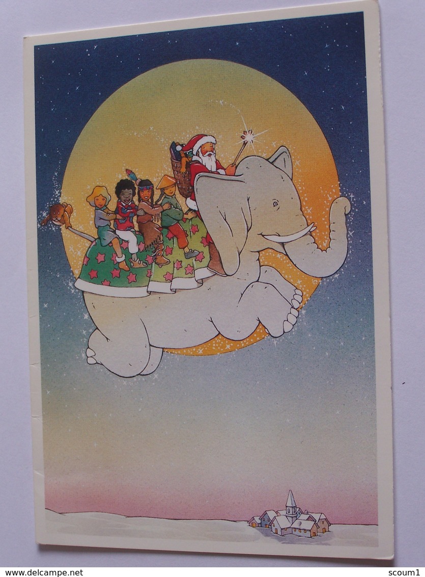 Pere Noel   Enfants Du Monde Sur Un Elephant Volant Dans Le Ciel Carte Pliante Edit Unicef - Other & Unclassified