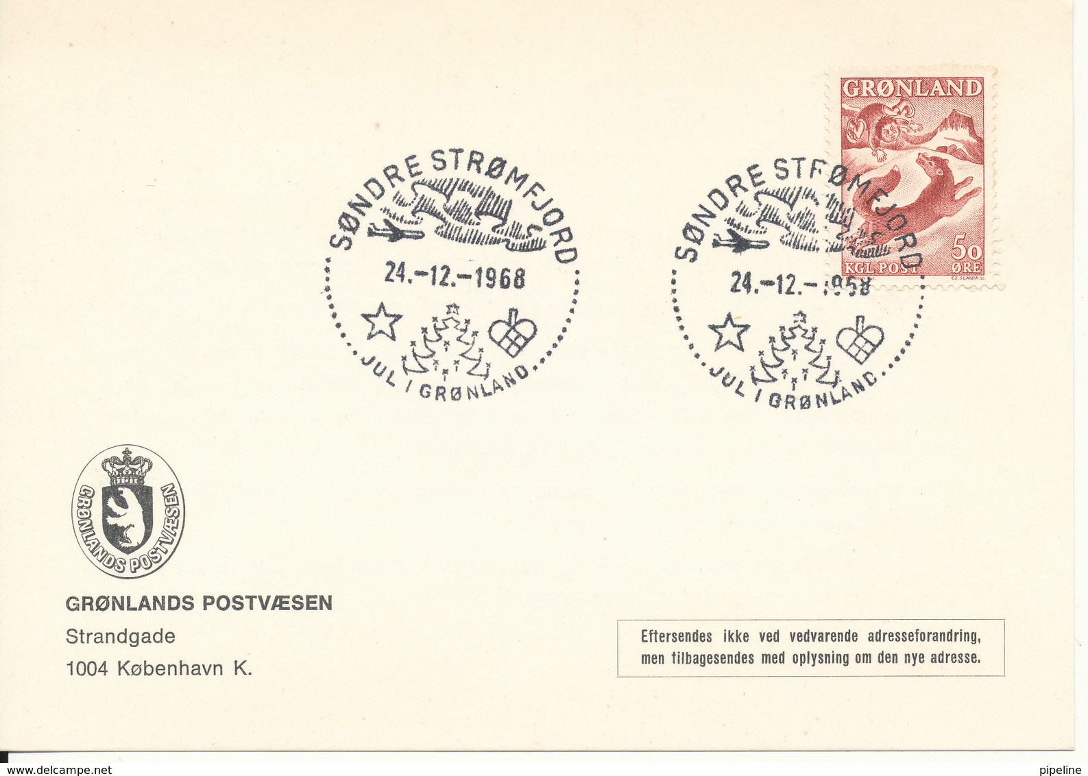 Greenland Card With Special Christmas Cancel Sdr. Strömfjord 24-12-1968 - Covers & Documents