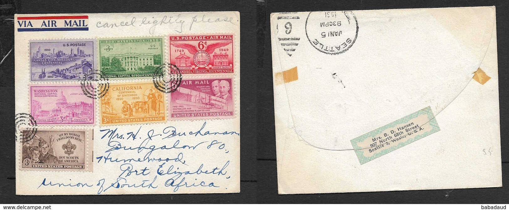 USA Cover, AIR MAIL, 27c (7 Stamps) Dumb Cancels, On Reverse SEATTLE JAN 15 1951 C.d.s. > S.Africa, - Covers & Documents