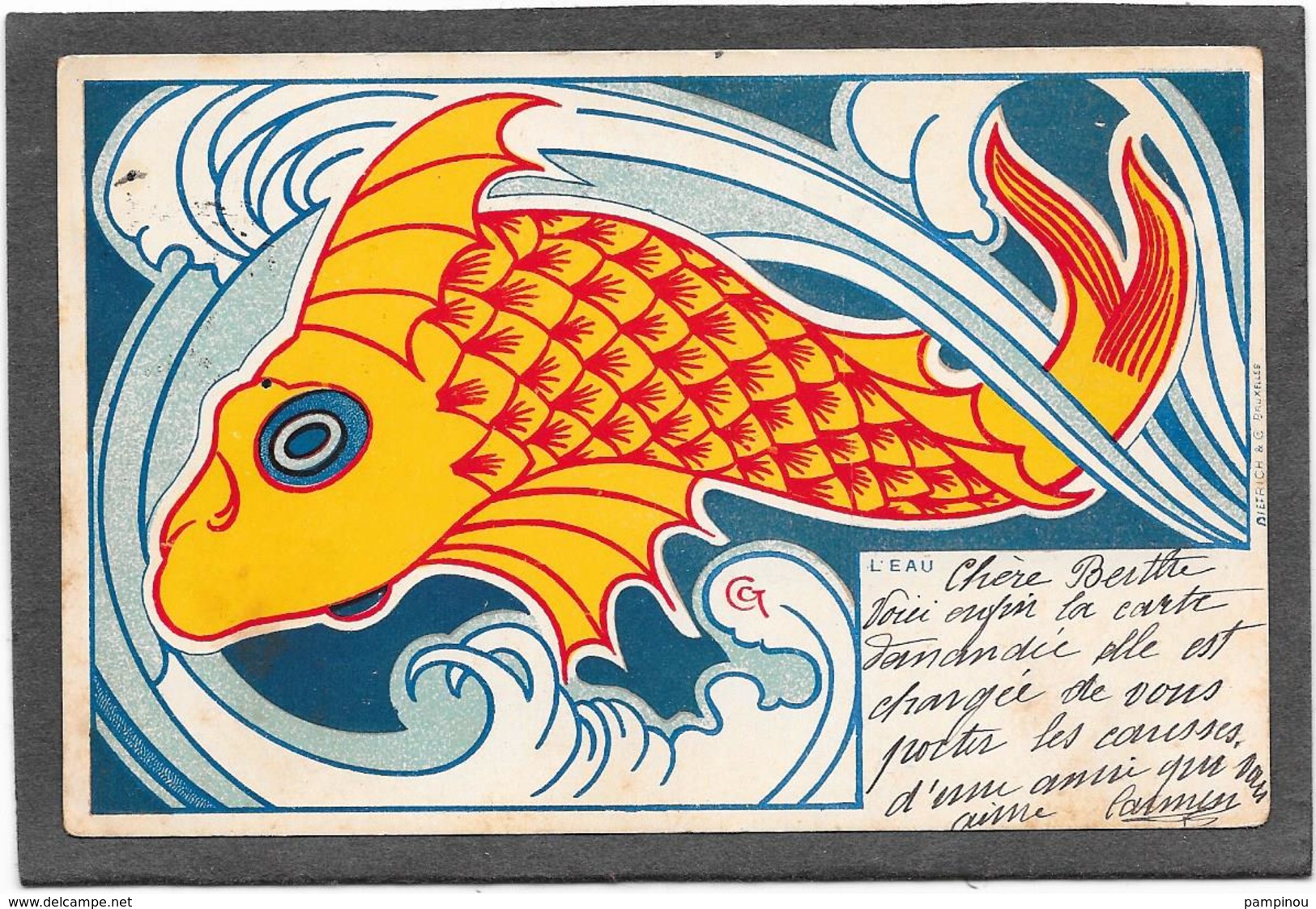 COMBAZ - ART NOUVEAU. "  L'EAU " De La Série "les éléments". Poisson. RARE - Combaz