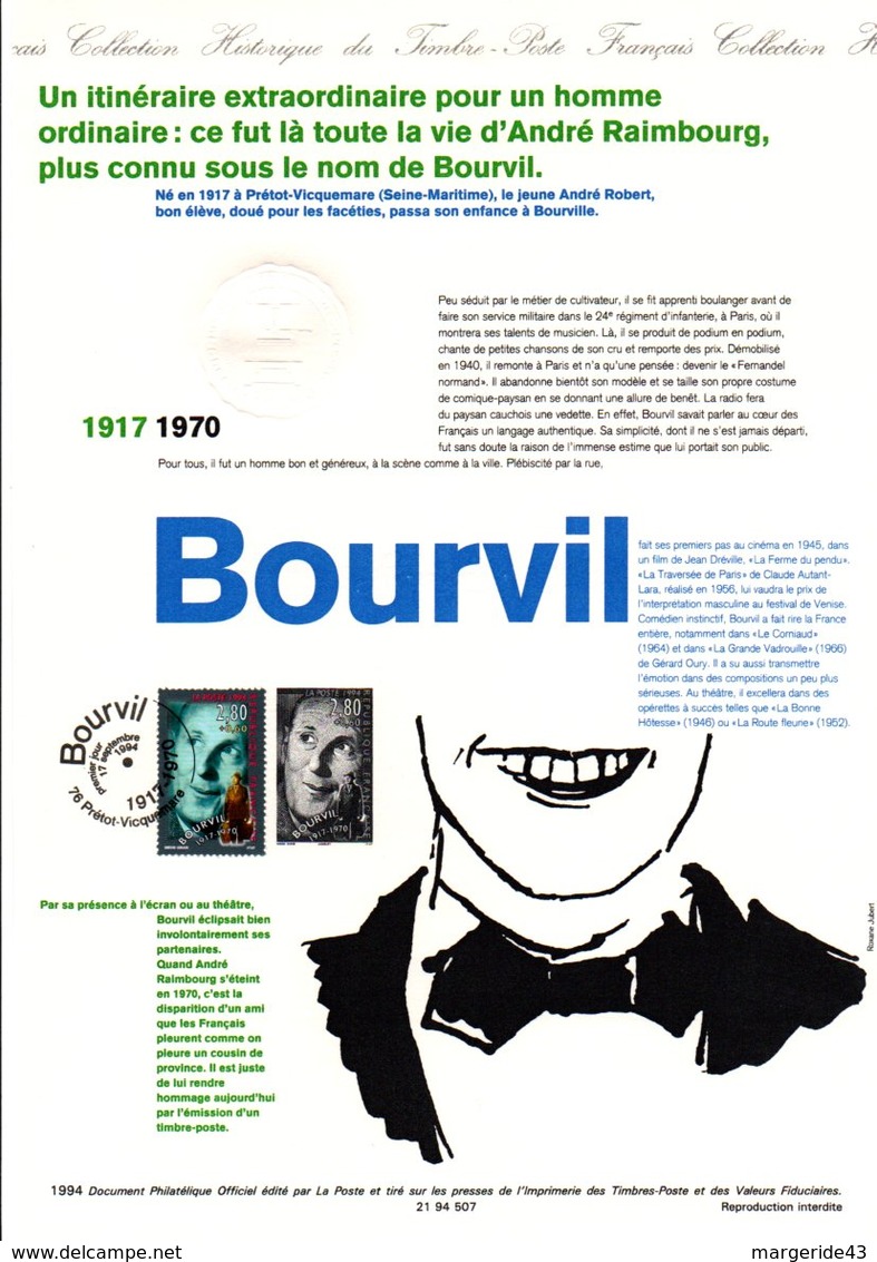 1994 DOCUMENT FDC CHANTEURS ACTEURS BOURVIL - Documents Of Postal Services