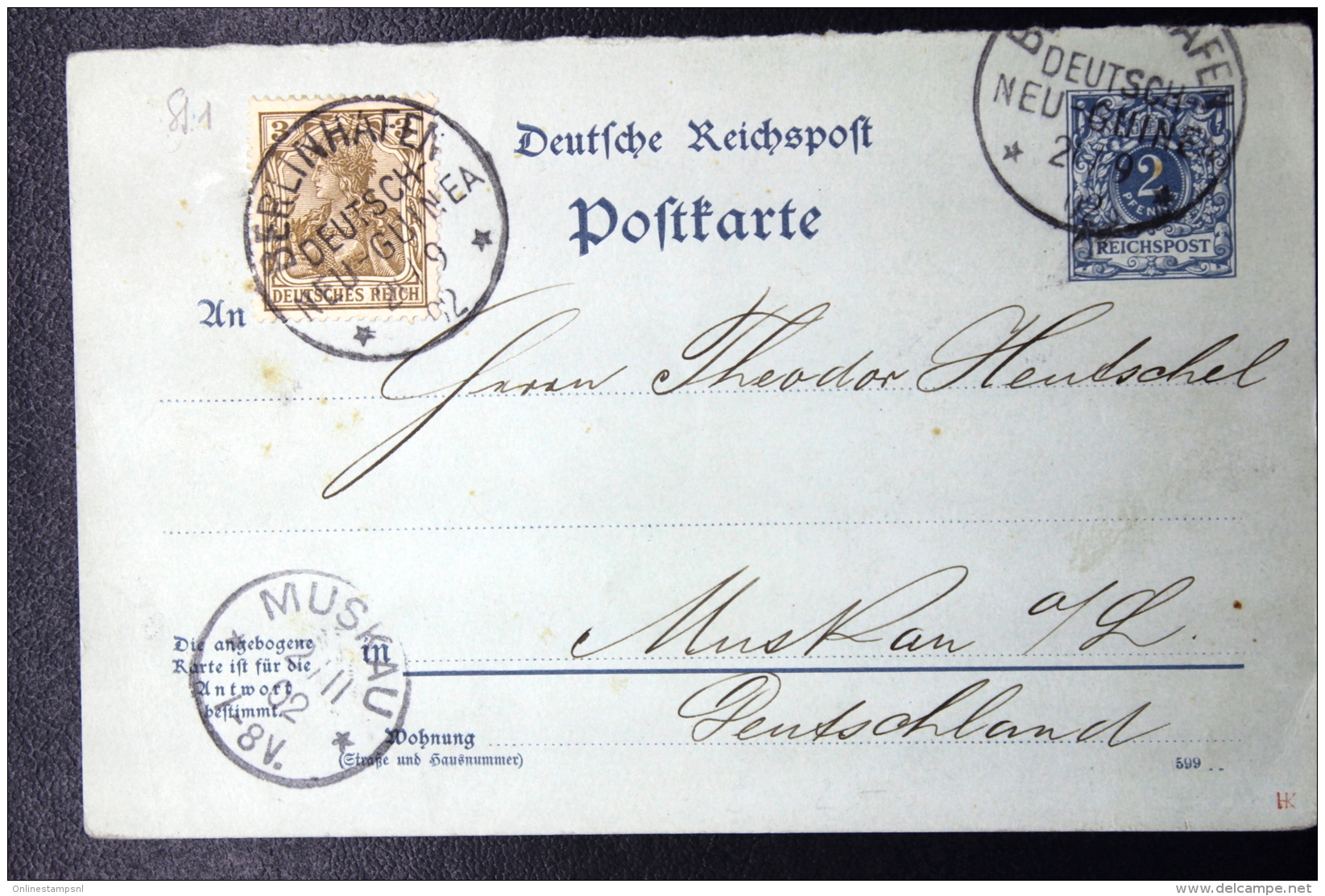 Deutsch Neu-Guinea:  Vorlaufer Postkarte P41 Uprated Berlinhafen -&gt; Muskau - Deutsch-Neuguinea