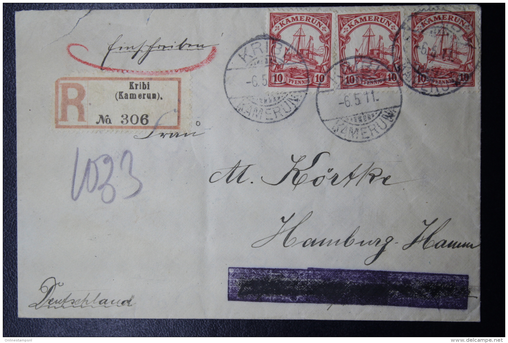 Deutsche Post In Kamerun Einschreiben Brief 1911 Kibris -&gt; Hamburg  3x Mi 22 - Cameroun