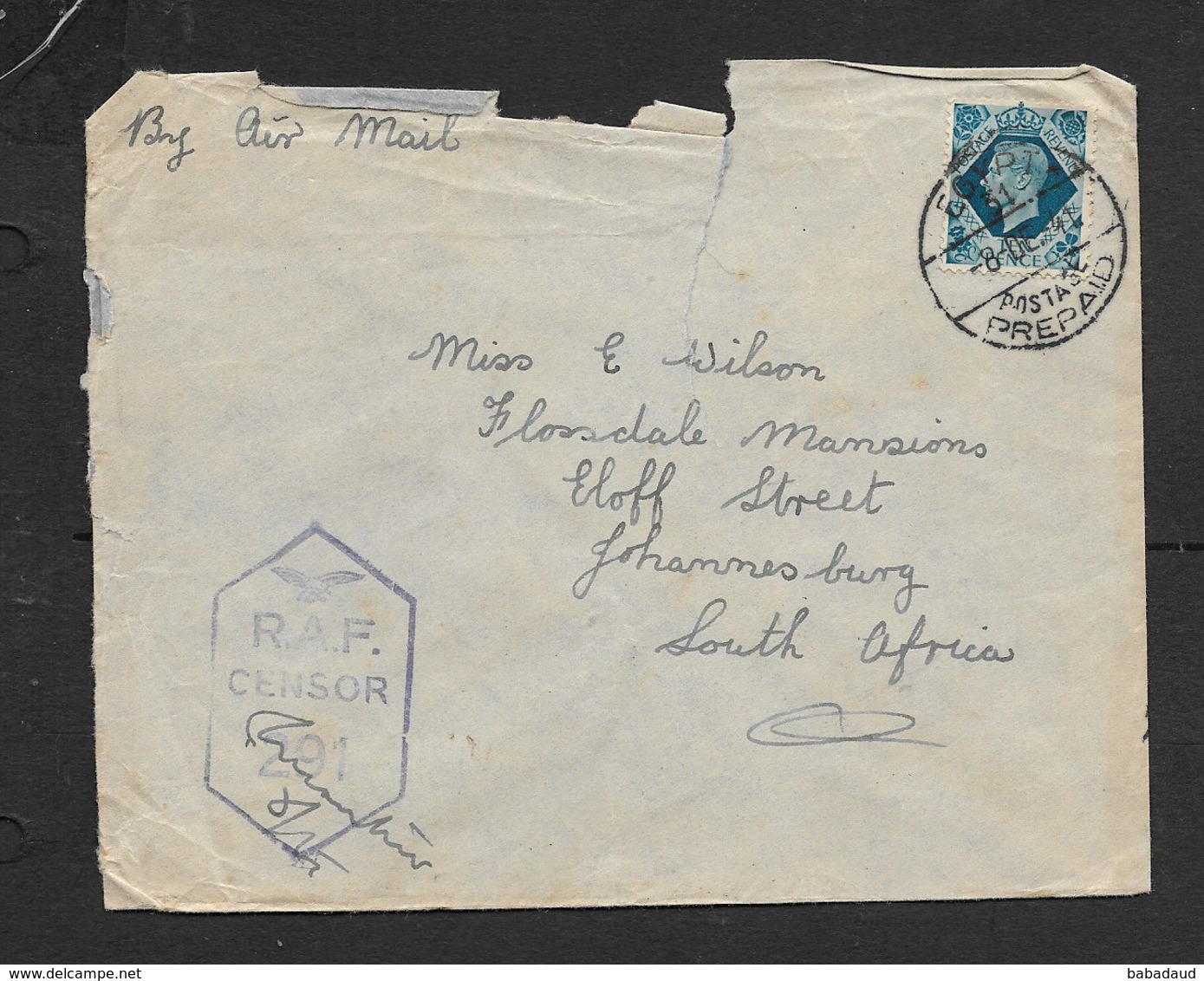 S.Africa,air Mail, WW II, Forces Mail,10d Of GB,  EGYPT 31 POSTAGE PREPAID 8 DE 41 >S.Africa, RAF CENSOR No 291. - Covers & Documents