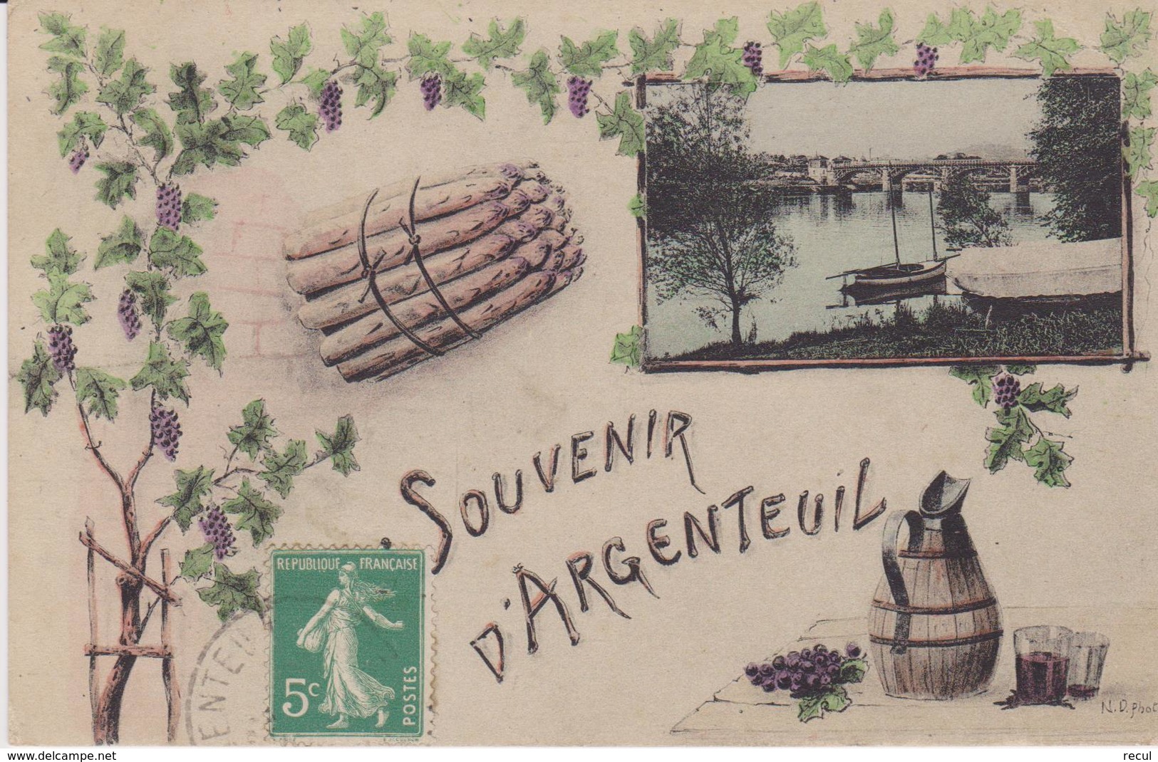 VAL D'OISE - SOUVENIR D' ARGENTEUIL  ( - Avec Asperges Et Cruche à Vin - Timbre à Date De 19.. ?) - Argenteuil