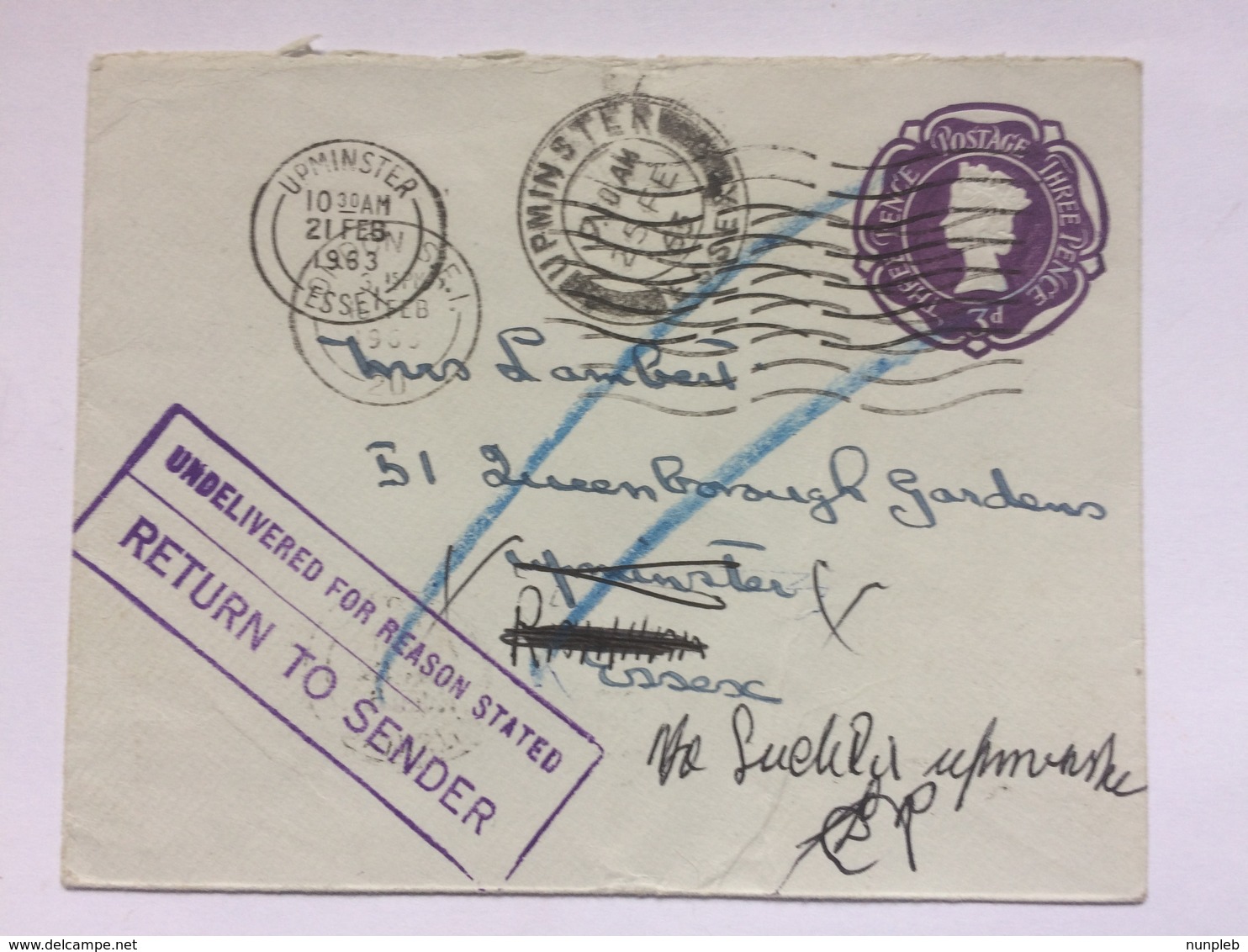 GB - 1963 Pre-paid Cover With `Undelivered For Reason Stated - Return To Sender` Cachet - Upminster Postmarks - Briefe U. Dokumente