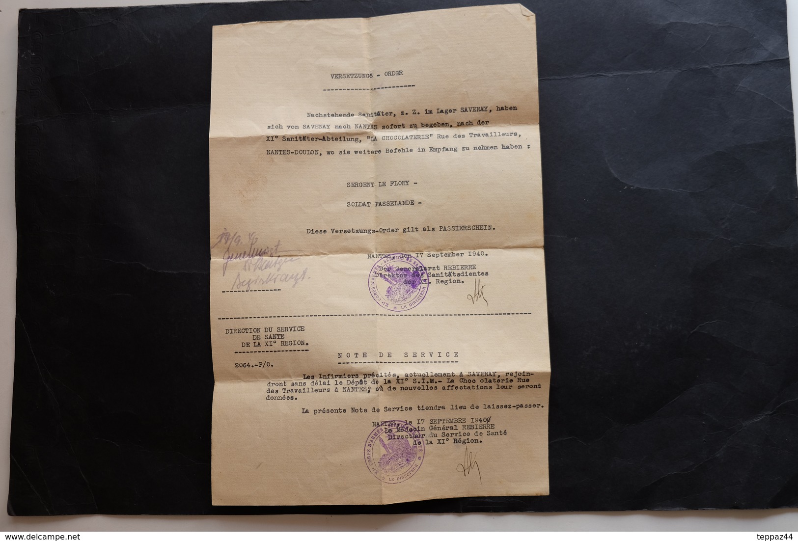 LAISSEZ PASSER ALLEMAND FRANCAIS 1940 TAMPON 11ieme CORPS D'ARMEE SERVICE DE SANTE GUERRE 39 45 MILITAIRE - 1939-45